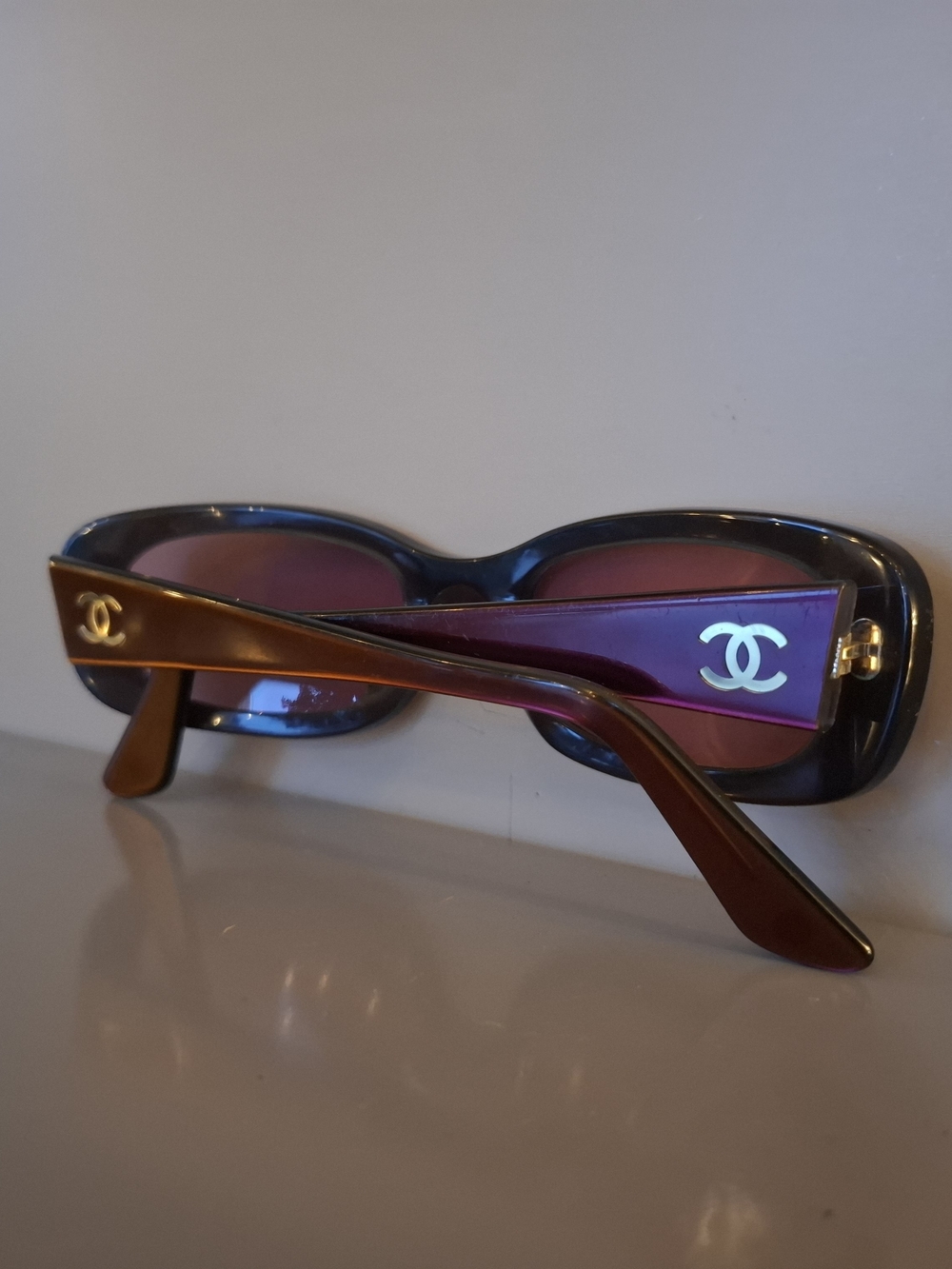 CHANEL Brown Frame with Purple Lenses Rectangular Sunglasses